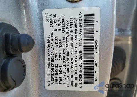 2012 Honda Civic Lx из США, поврежденный, VIN 2HGFB2F55CH589986